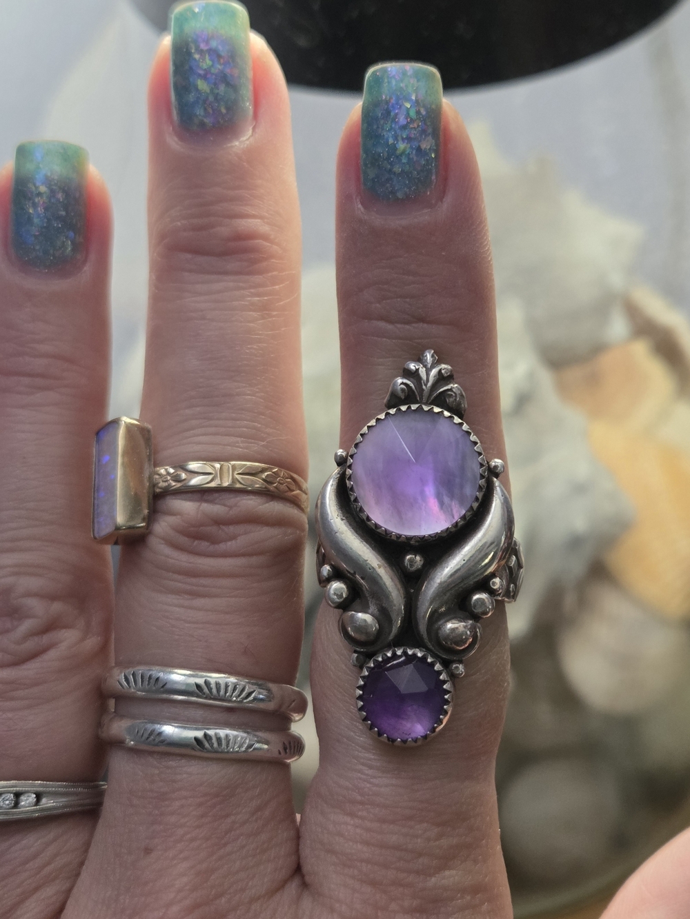 Sterling Silver Double Amethyst Statement Ring